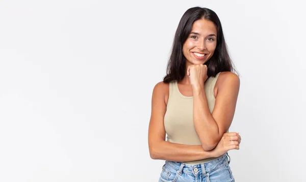 Pretty Thin Hispanic Woman Looking Happy Wondering Asking Question — Stock Photo, Image