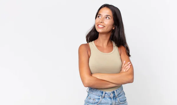 Pretty Thin Hispanic Woman Feeling Happy Proud Hopeful Wondering Thinking — Stock Photo, Image