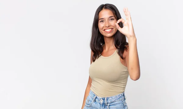 Pretty Thin Hispanic Woman Feeling Happy Showing Approval Okay Gesture — Stock Photo, Image