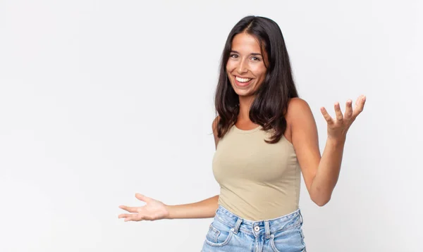 Pretty Thin Hispanic Woman Looking Happy Feeling Number One — Stock Photo, Image