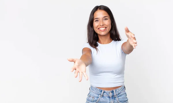 Pretty Thin Hispanic Woman Smiling Cheerfully Giving Warm Friendly Loving — Stock Photo, Image