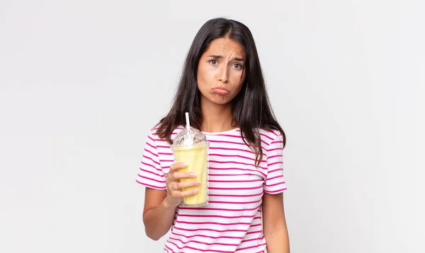 Young Hispanic Woman Feeling Sad Whiney Unhappy Look Crying Holding — Stock Photo, Image