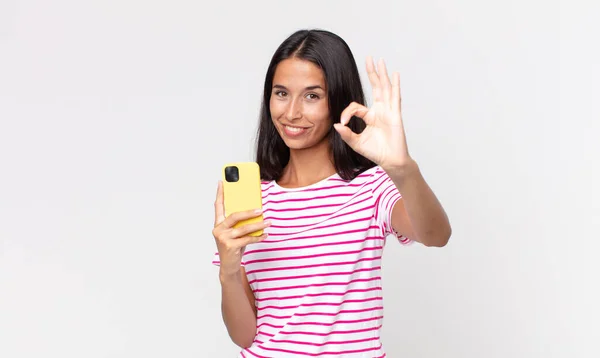 Young Hispanic Woman Feeling Happy Showing Approval Okay Gesture Holding — Stock Photo, Image