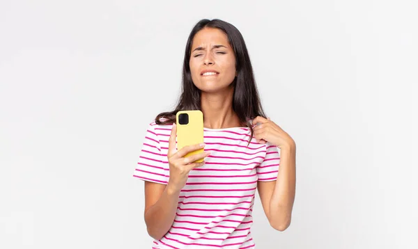 Young Hispanic Woman Feeling Stressed Anxious Tired Frustrated Holding Smartphone — Stock Photo, Image