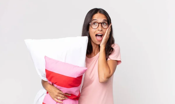 Young Hispanic Woman Feeling Happy Excited Surprised Wearing Pajamas Holding — Stock Photo, Image