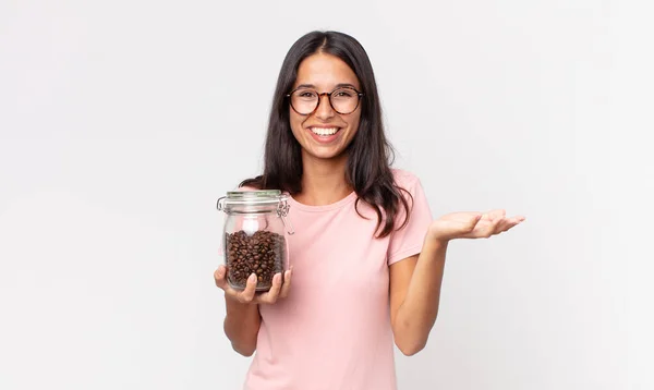 Young Hispanic Woman Feeling Happy Surprised Realizing Solution Idea Holding — Stock Photo, Image