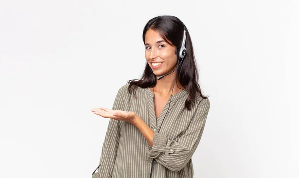 Young Hispanic Woman Smiling Cheerfully Feeling Happy Showing Concept Headset — Stock Photo, Image