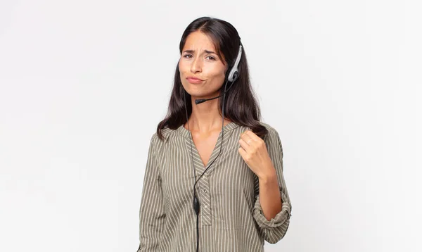 Young Hispanic Woman Looking Arrogant Successful Positive Proud Headset Telemarketing — Stock Photo, Image