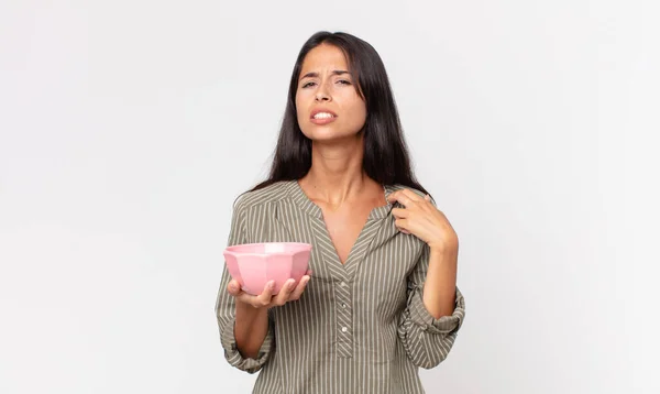 Young Hispanic Woman Feeling Stressed Anxious Tired Frustrated Holding Empty — Stock Photo, Image