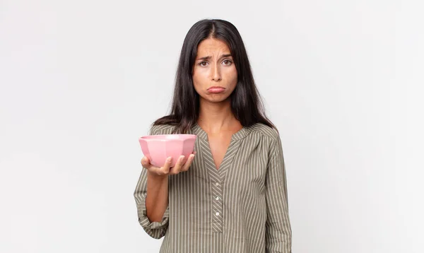 Young Hispanic Woman Feeling Sad Whiney Unhappy Look Crying Holding — Stock Photo, Image