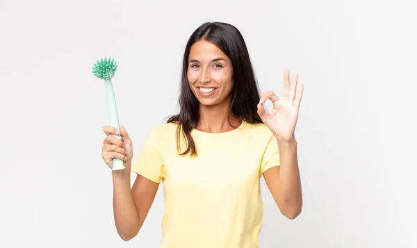 Young Hispanic Woman Feeling Happy Showing Approval Okay Gesture Holding — Stock Photo, Image