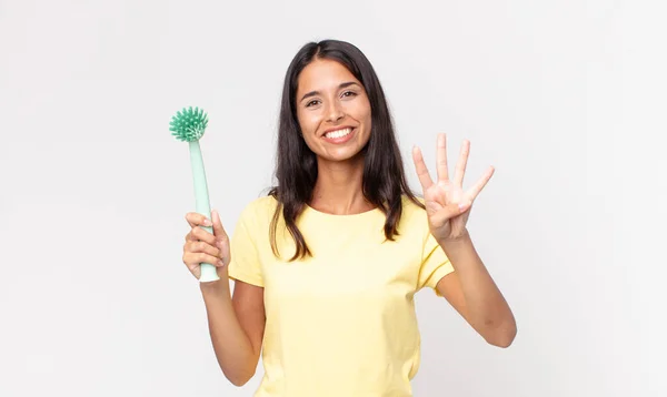 Young Hispanic Woman Smiling Looking Friendly Showing Number Four Holding — Stock Photo, Image