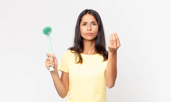 Jonge Spaanse Vrouw Maken Capice Geld Gebaar Vertellen Betalen Het — Stockfoto