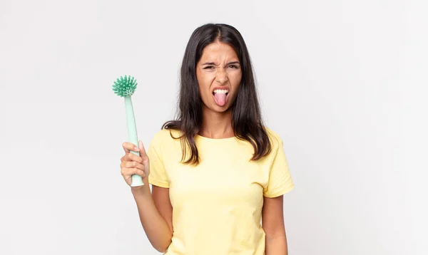 Young Hispanic Woman Feeling Disgusted Irritated Tongue Out Holding Dish — Stock Photo, Image