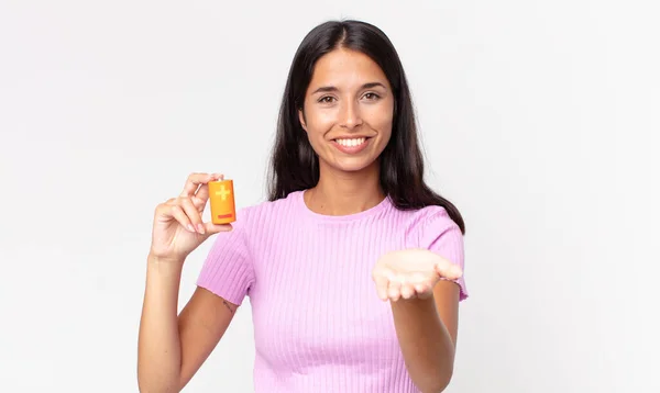 Young Hispanic Woman Smiling Happily Friendly Offering Showing Concept Holding — Stock Photo, Image