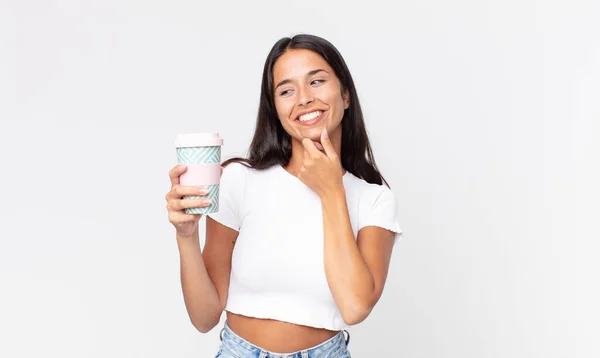 Young Hispanic Woman Smiling Happy Confident Expression Hand Chin Holding — Stock Photo, Image