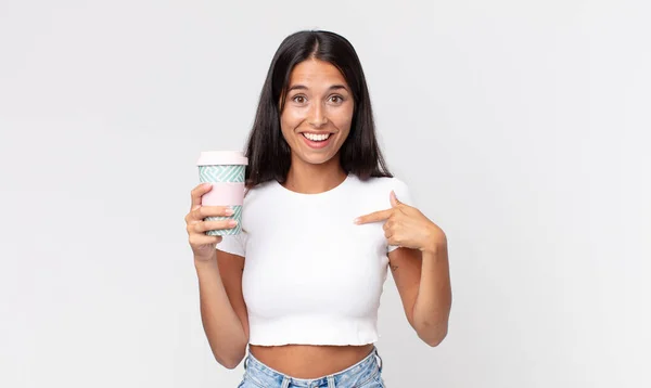 Young Hispanic Woman Feeling Happy Pointing Self Excited Holding Take — Stock Photo, Image