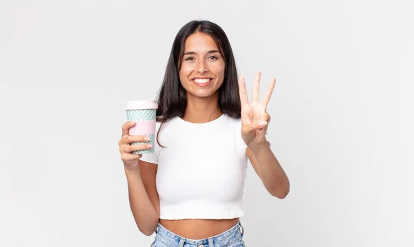 Jovem Hispânico Mulher Sorrindo Olhando Amigável Mostrando Número Três Segurando — Fotografia de Stock