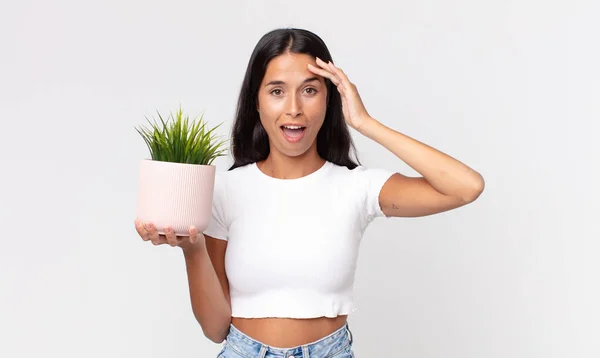 Jovem Hispânica Mulher Olhando Feliz Surpreso Surpreso Segurando Uma Planta — Fotografia de Stock
