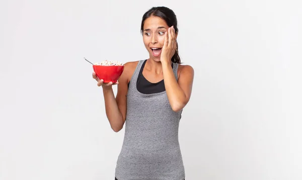 Young Hispanic Woman Feeling Happy Excited Surprised Fitness Diet Breakfast — Stock Photo, Image