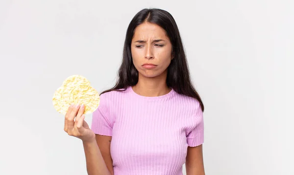 Young Hispanic Woman Feeling Sad Upset Angry Looking Side Holding Royalty Free Stock Images