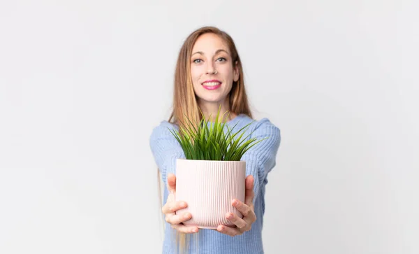 Pretty Thin Woman Holding Decorative House Plant — Stock Photo, Image