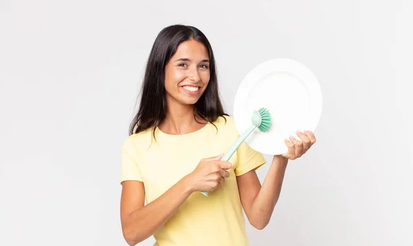 Pretty Hispanic Woman Holding Epty Clean Dish — Stock Photo, Image