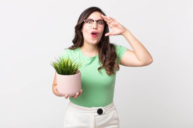 Güzel kadın mutlu, şaşkın ve şaşırmış görünüyor ve elinde dekoratif bir bitki tutuyor.