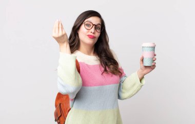 Güzel bir kadın kapiş ya da para hareketi yapıyor, sana ödemeni söylüyor. öğrenci konsepti