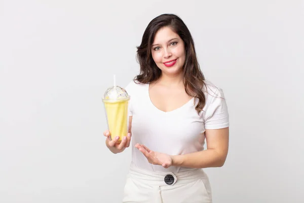 Pretty Woman Smiling Cheerfully Feeling Happy Showing Concept Holding Vanilla — Stock Photo, Image