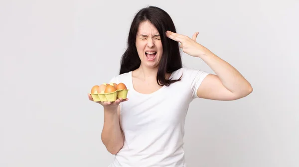 Wanita Cantik Tampak Bahagia Dan Stres Gerakan Bunuh Diri Membuat — Stok Foto