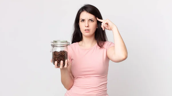 Pretty Woman Feeling Confused Puzzled Showing You Insane Holding Coffee — Stock Photo, Image