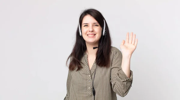 Pretty Woman Smiling Happily Waving Hand Welcoming Greeting You Assistant — Stock Photo, Image