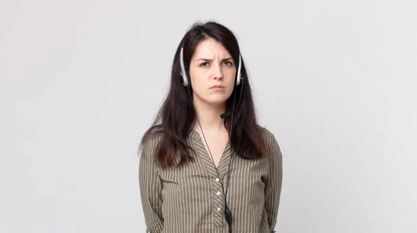 Pretty Woman Feeling Sad Upset Angry Looking Side Assistant Agent — Stock Photo, Image