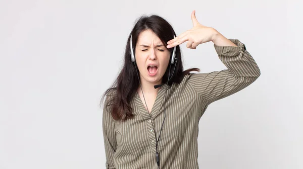 Bella Donna Che Sembra Infelice Stressato Gesto Suicida Facendo Segno — Foto Stock