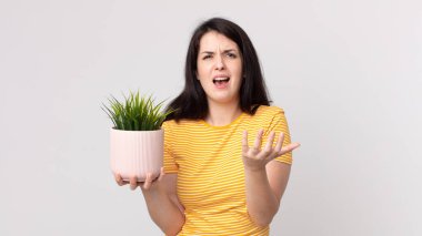 Güzel bir kadın umutsuz görünüyor, hayal kırıklığına uğramış ve stresli ve elinde dekoratif bir bitki tutuyor.