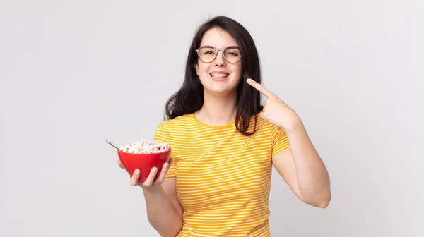 Pretty Woman Smiling Confidently Pointing Own Broad Smile Holding Breakfast — Stock Photo, Image