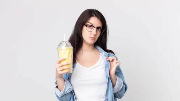 Pretty Woman Looking Arrogant Successful Positive Proud Holding Vanilla Milkshake — Stock Photo, Image