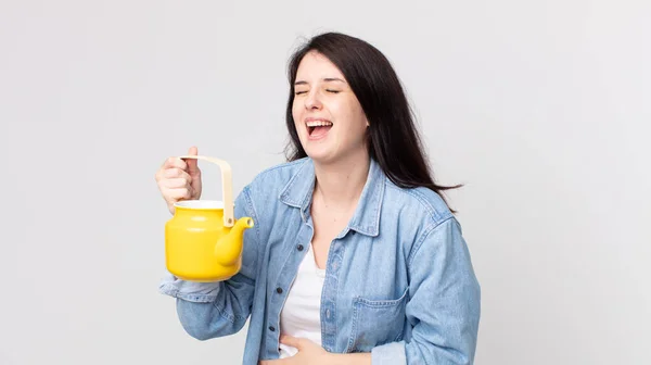 Pretty Woman Laughing Out Loud Some Hilarious Joke Holding Teapot — Stock Photo, Image