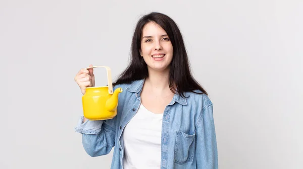 Mooie Vrouw Zoek Gelukkig Aangenaam Verrast Het Vasthouden Van Een — Stockfoto