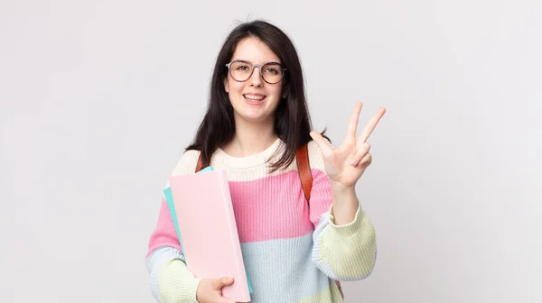 Jolie Femme Souriante Amicale Montrant Numéro Trois Concept Étudiant Universitaire — Photo