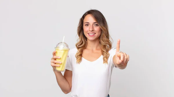 Pretty Thin Woman Smiling Proudly Confidently Making Number One Holding — Stock Photo, Image