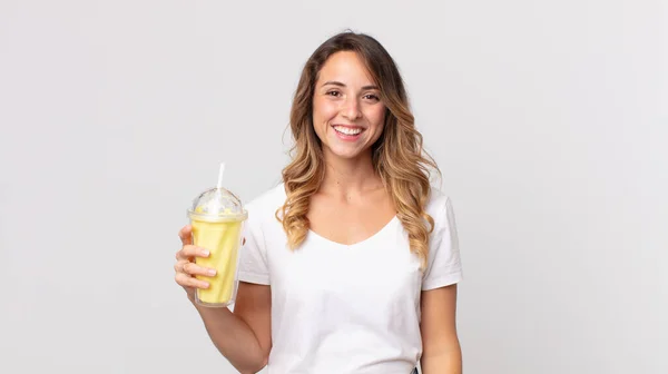 Pretty Thin Woman Looking Happy Pleasantly Surprised Holding Vanilla Milkshake — Stock Photo, Image