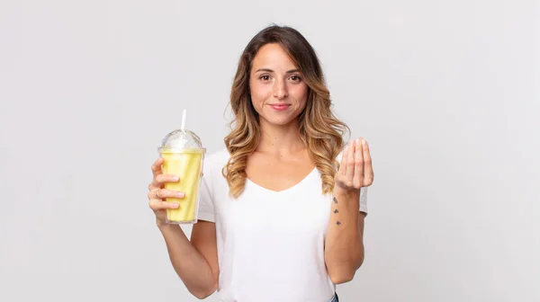 Pretty Thin Woman Making Capice Money Gesture Telling You Pay — Stock Photo, Image