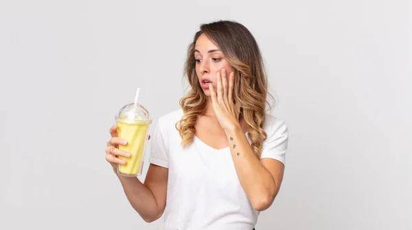 Pretty Thin Woman Feeling Happy Excited Surprised Holding Vanilla Milkshake — Stock Photo, Image