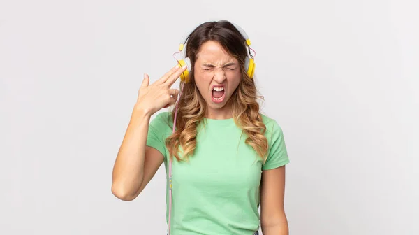 Pretty Thin Woman Looking Unhappy Stressed Suicide Gesture Making Gun — Stock Photo, Image