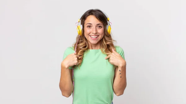 Pretty Thin Woman Feeling Happy Pointing Self Excited Listening Music — Stock Photo, Image