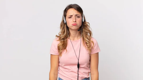 Pretty Thin Woman Feeling Sad Whiney Unhappy Look Crying Operator — Stock Photo, Image