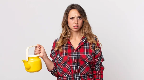 Pretty Thin Woman Feeling Puzzled Confused Holding Teapot — Stock Photo, Image