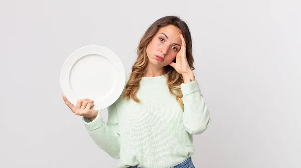 Pretty Thin Woman Feeling Bored Frustrated Sleepy Tiresome Holding Empty — Stock Photo, Image